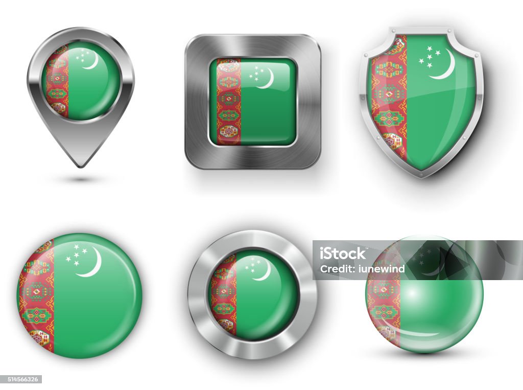 Country Flag Bages Turkmenistan Metal and Glass Flag Badges, Buttons, Map marker pin and Shields. Vector illustrations Badge stock vector