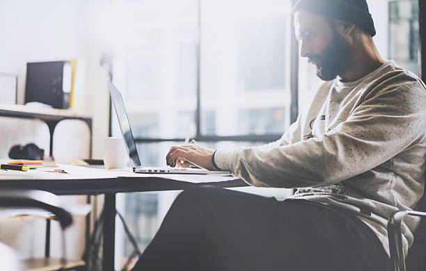 istock Photo bearded graphic designer working with new project modern loft 514567108