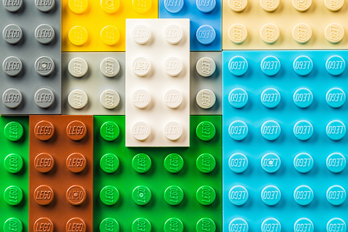 Edinburgh, UK - February 19, 2016: A macro image of Lego pieces arranged together. Lego branding is visible on each raised circle.  