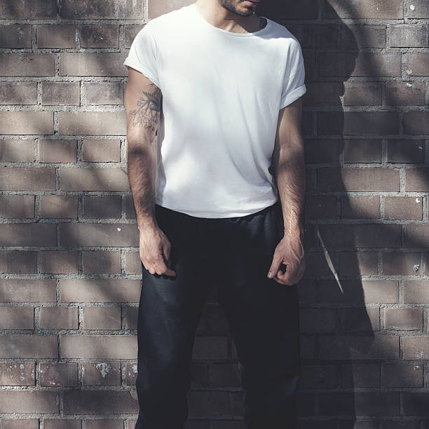 istock Bearded man with tattoo wearing empty white tshirt and black 514569616
