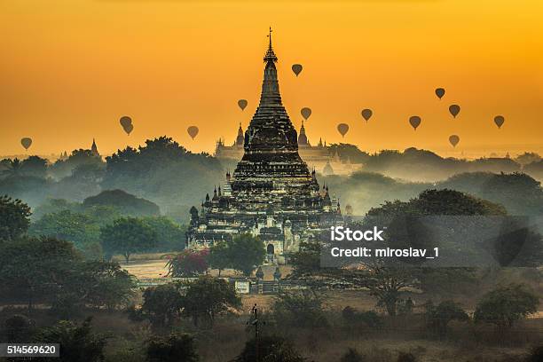 Scenic Sunrise Above Bagan In Myanmar Stock Photo - Download Image Now - Forest, In Silhouette, Sun