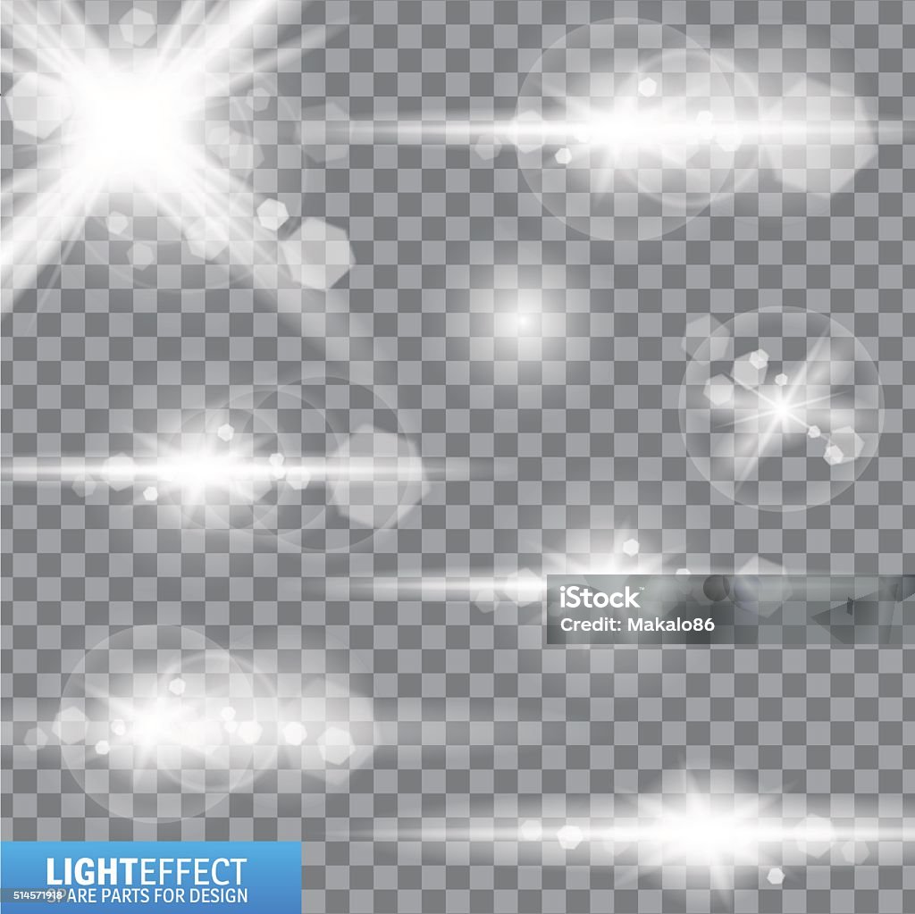 Light effect, flare, lighting. Spare parts for illustration. Set of Abstract Lens Flares.Design spare. Glowing stars . Lights and Sparkles on Transparent Background. Transparent Light Effects for Your Design. Vector Illustration. Lighting Equipment stock vector