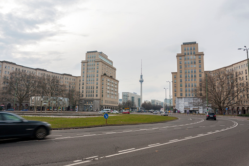 Strausberger Platz, with the view on Alexanderplatz, Berlin, Germany.