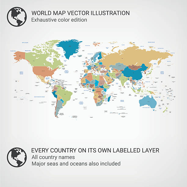 World Map color edition Color vector illustration world map. All countries included, every one of them has its own layer. international border stock illustrations