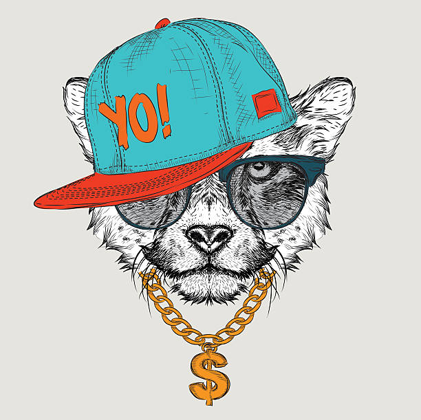 The Cheetah portrait in hip-hop hat. Vector illustration. The poster with the image cheetah portrait in hip-hop hat. Vector illustration. headwear stock illustrations