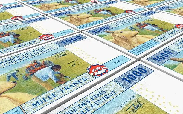 Photo of Central African CFA francs bills stacked background.