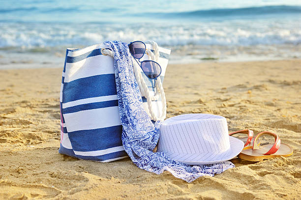 istock Hat, bag, sun glasses and flip flops on sandy beach 514581378
