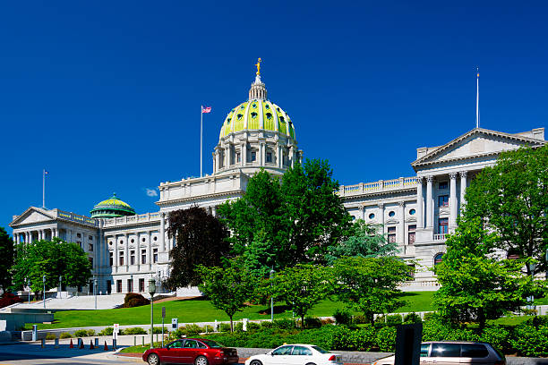 Pennsylvania State Capitol building wide view Pennsylvania State Capitol building, nearly whole building view, in Harrisburg. harrisburg pennsylvania stock pictures, royalty-free photos & images