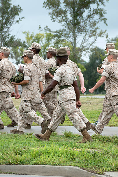 us marine corps recruits and drill instructor - parris island bildbanksfoton och bilder