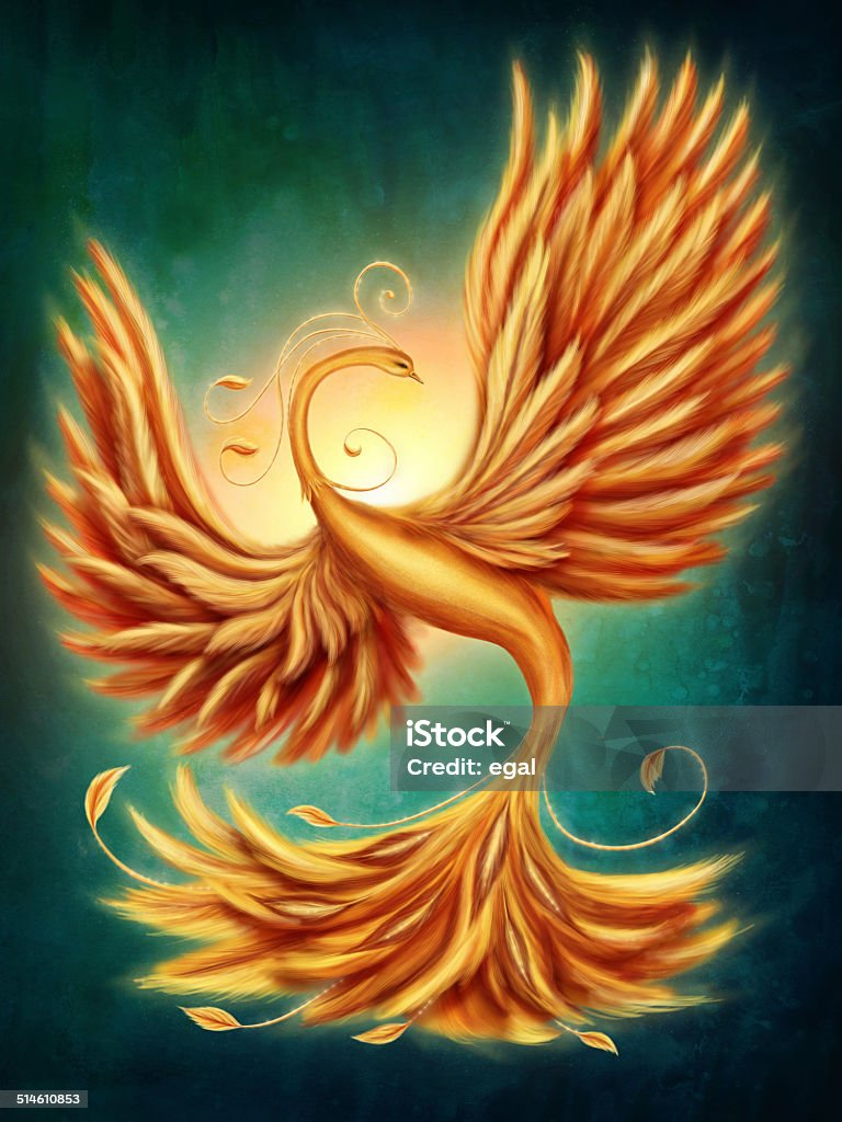 Magic firebird Magic firebird on a green background Phoenix - Mythical Bird stock illustration