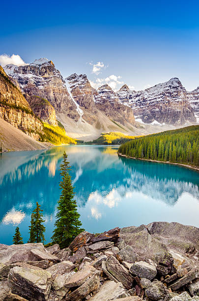 Landscape view of Moraine lake in Canadian Rocky Mountains stock photo