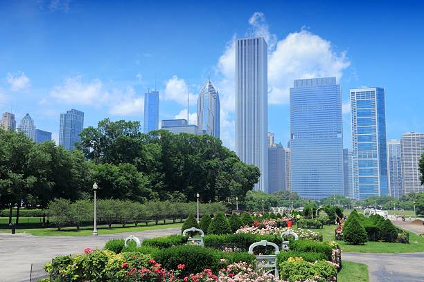 Chicago, USA Chicago, Illinois in the United States. City skyline with Grant Park flowers. grant park stock pictures, royalty-free photos & images