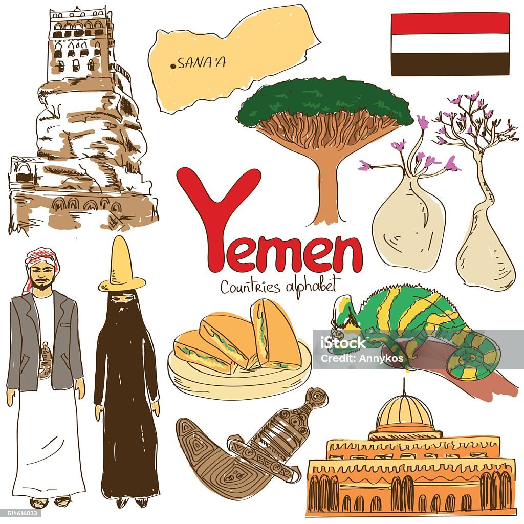 Collection of Yemen icons Fun colorful sketch collection of Yemen icons, countries alphabet Dagger stock vector