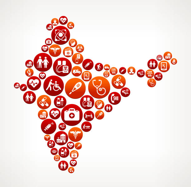 India Healthcare and Medical Red Button Pattern India Healthcare and Medical Red Button Pattern.   These red round buttons feature such common medical icons as the caduceus, stethoscope, doctor, nurse, drugs and other healthcare icons. The vector buttons are flat and vary in size and shades of color. Icon download includes vector graphic and jpg file. human genome map stock illustrations