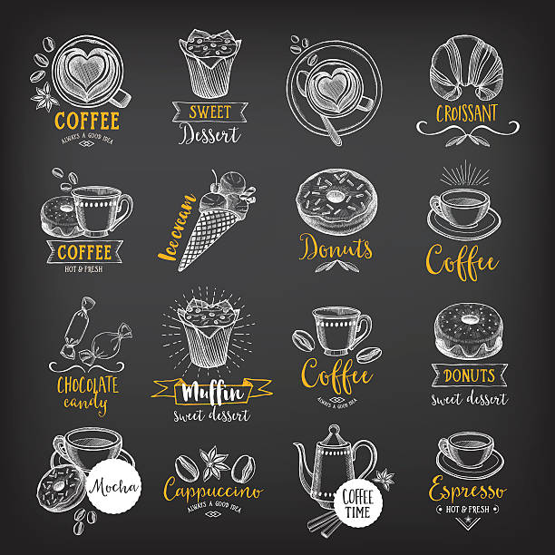 illustrazioni stock, clip art, cartoni animati e icone di tendenza di caffè ristorante café distintivi, modello di progettazione. - coffee espresso retro revival coffee cup