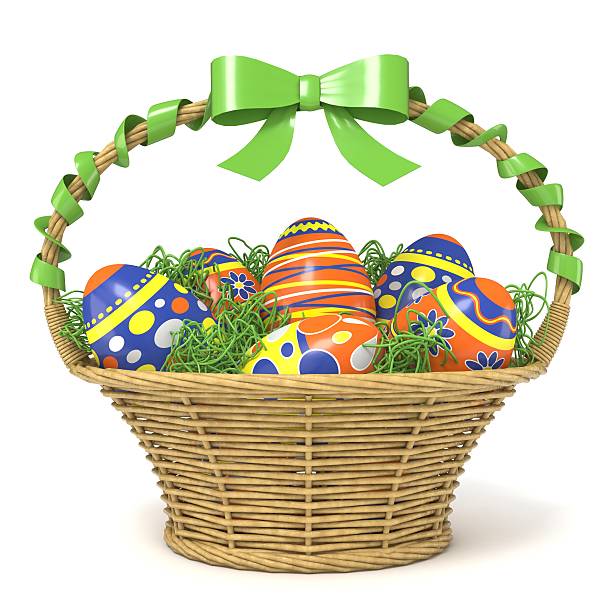istock Easter basket full of decorated eggs with green ribbon bow 514621932