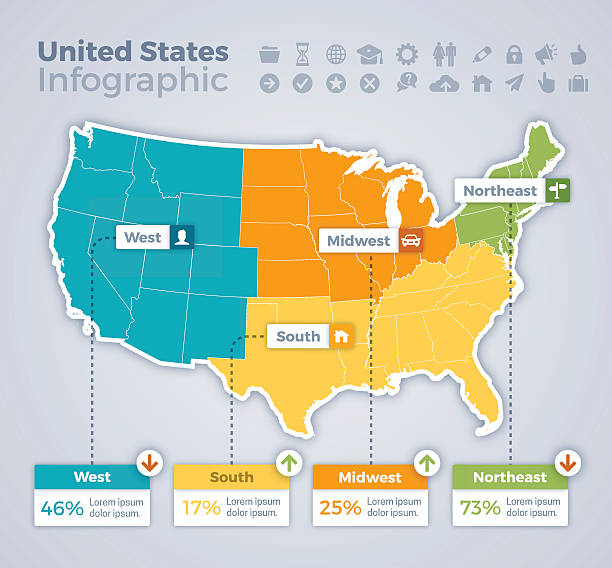 illustrations, cliparts, dessins animés et icônes de infographie carte des états-unis - nord ouest américain