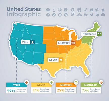 United States infographic map concept with space for your copy. EPS 10 file. Transparency effects used on highlight elements.