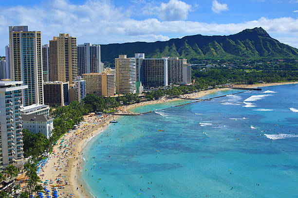 playa de waikiki - hawaii islands oahu waikiki diamond head fotografías e imágenes de stock