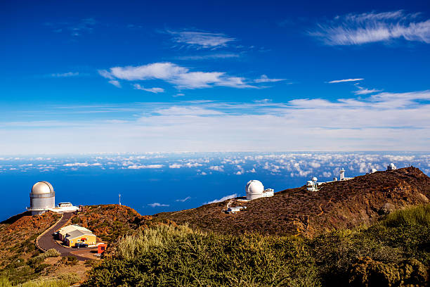 Landscape view with astronomical observatory on Caldera de Taburiente national park on La Palma island in Spain