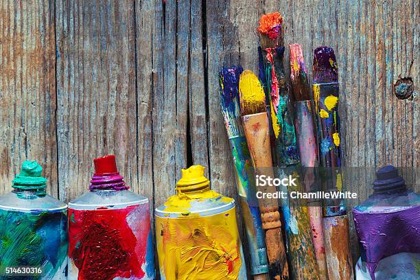 Tubes Of Oil Paint And Artist Paint Brushes Closeup Stock Photo - Download Image Now