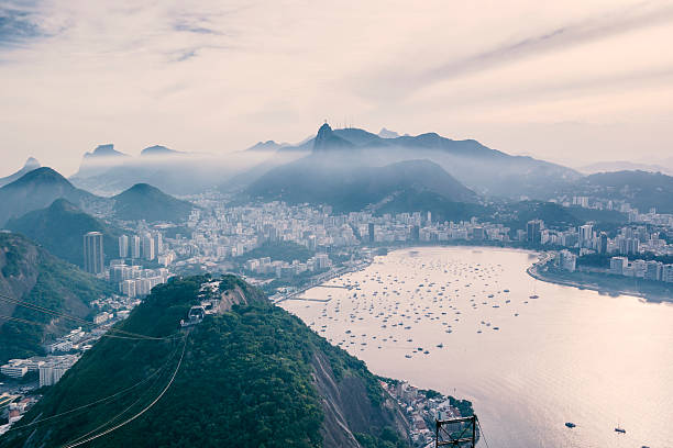 Panoramic view of Rio de Janeiro city with Christ the Redeemer at background. Photo taken above the sugarloaf mountain. The famous overhead cable car is in this photo.