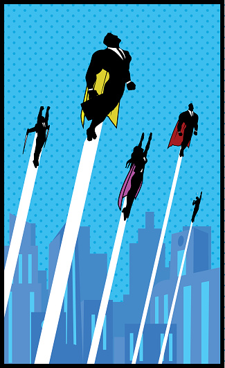 A comic style illustration of white-collar workers with super powers launching themselves to the air.