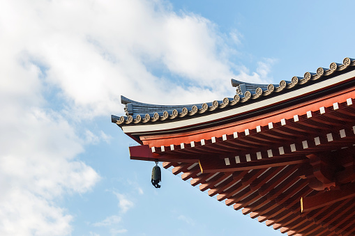 Sensoji temple roof with blue sky in background.