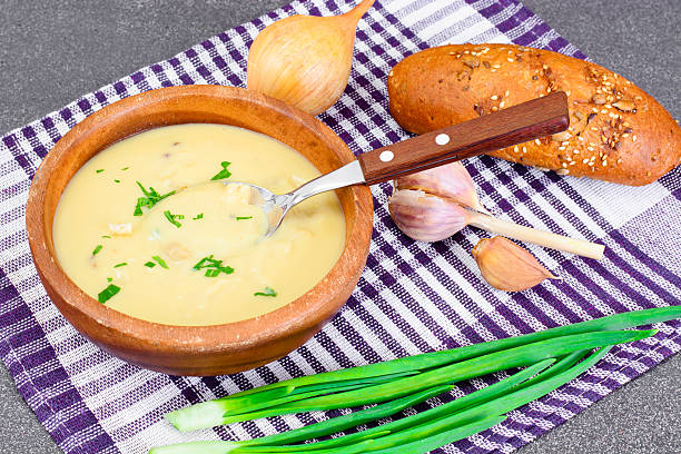 istock Healthy, diet food: soup of potatoes with croutons, bread and 514642358