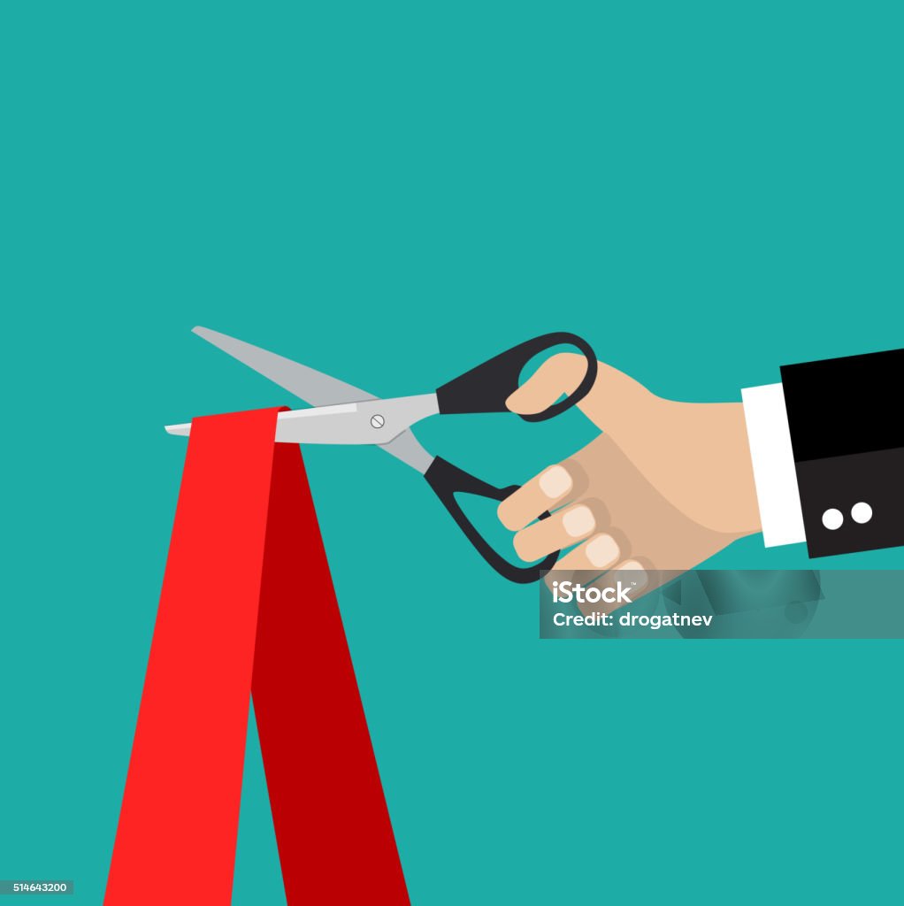 Human hand holding a pair of scissors Human hand holding a pair of scissors and cut the red ribbon. Stock vector illustration. Vector illustration Cutting stock vector