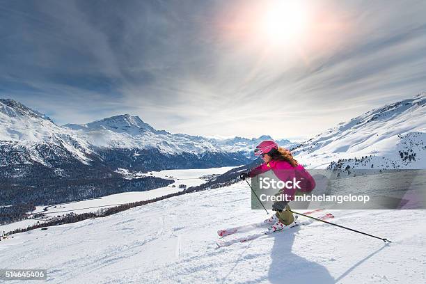 Female Skier On Track Stock Photo - Download Image Now - Skiing, Ski, Women
