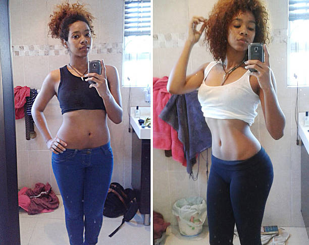 She's making great progress Before and after selfies of a young woman tracking her progress before and after weight loss stock pictures, royalty-free photos & images