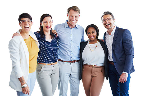 nossa equipe força reside em nossas diferenças - isolated cheerful businessman smiling - fotografias e filmes do acervo