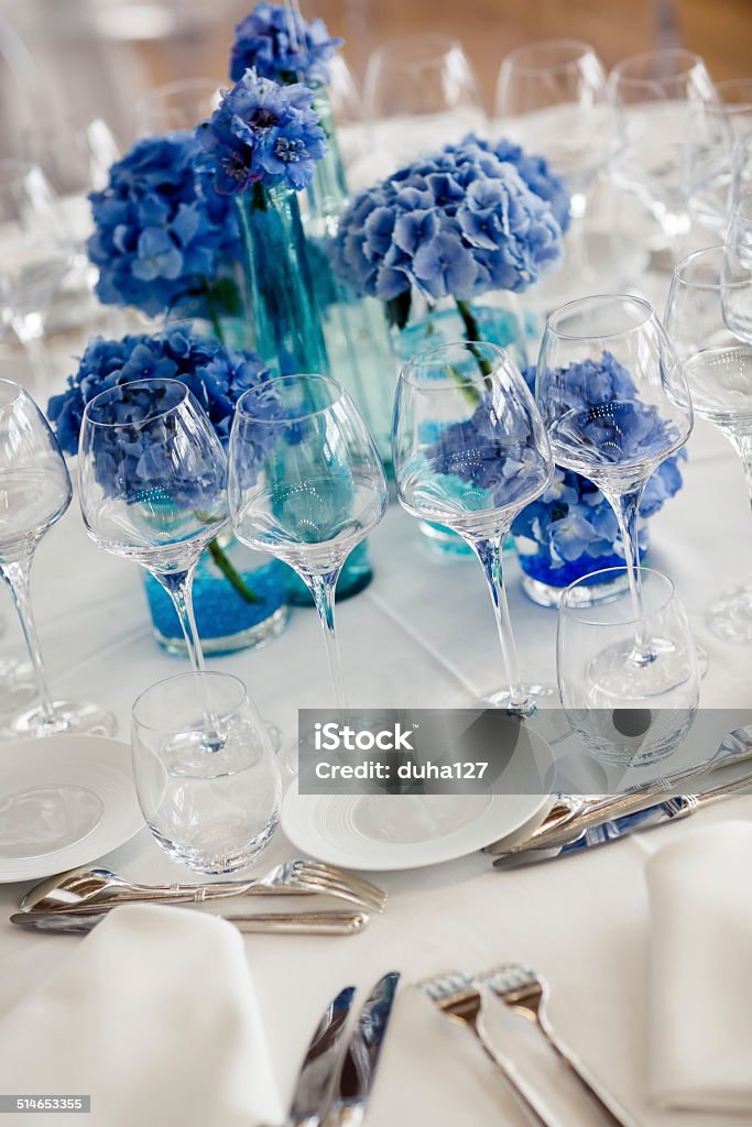 Wedding table setting in restaurant Empty glasses in restaurant. Table setting for celebration Arranging Stock Photo