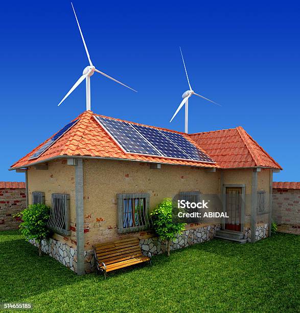 House With Photovoltaic Solar Panel Stock Photo - Download Image Now - Architecture, Blue, Built Structure