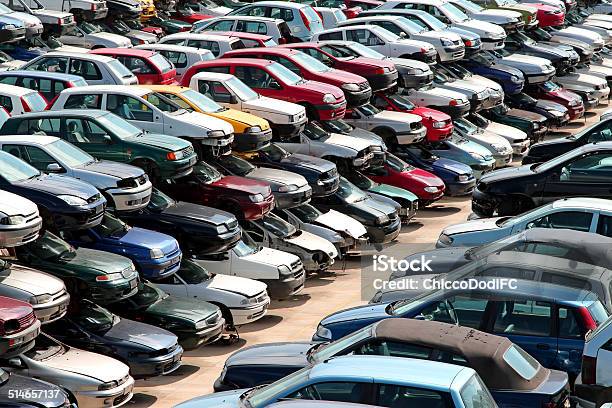 Cars Destroyed In The Courtyard Of The Automobile Junkyard Stock Photo - Download Image Now