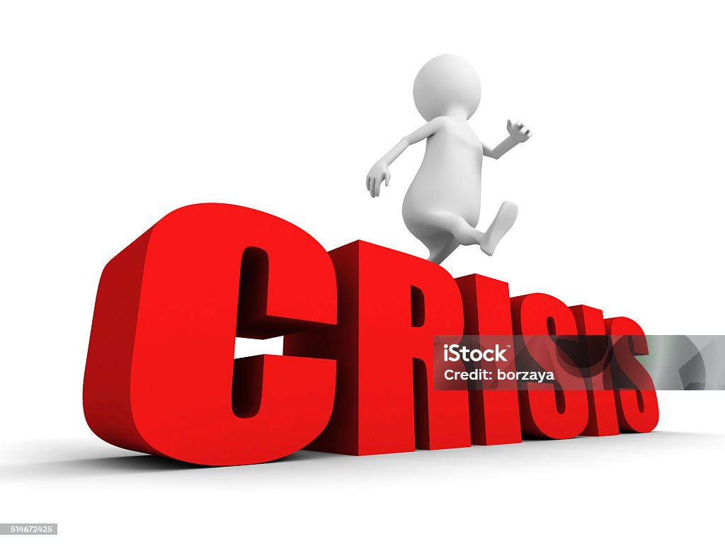 white 3d person overcome jumping over word CRISIS white 3d person overcome jumping over word CRISIS. 3d render illustration Adult Stock Photo