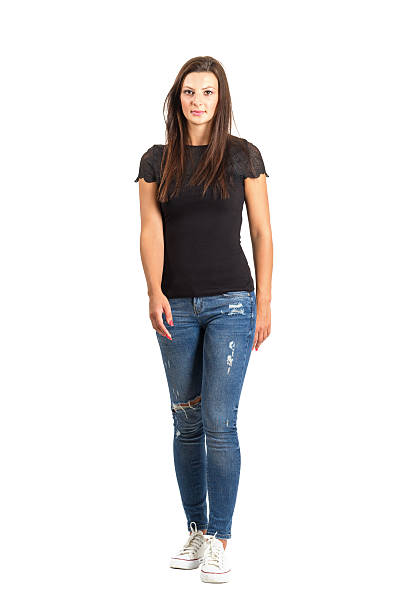 istock Walking brunette in casual clothes front view. 514673227