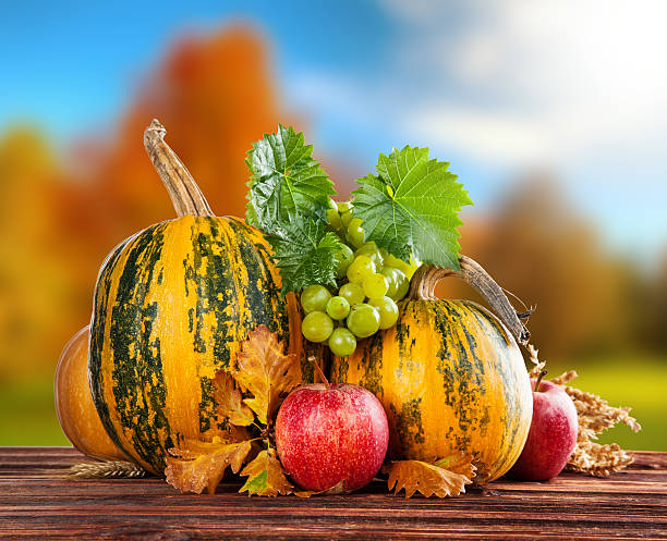 istock Autumn colored pumpkins on wooden table 514674291