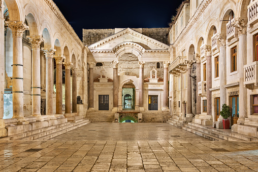 Split, Сroatia - August 4, 2014: Peristyle of Diocletian's Palace at night with nobody around, an ancient palace built by the Roman emperor Diocletian