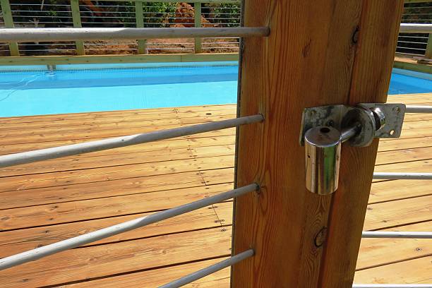 Pool safety When there are small children in a house . the pool should be locked when not in use pool gate stock pictures, royalty-free photos & images