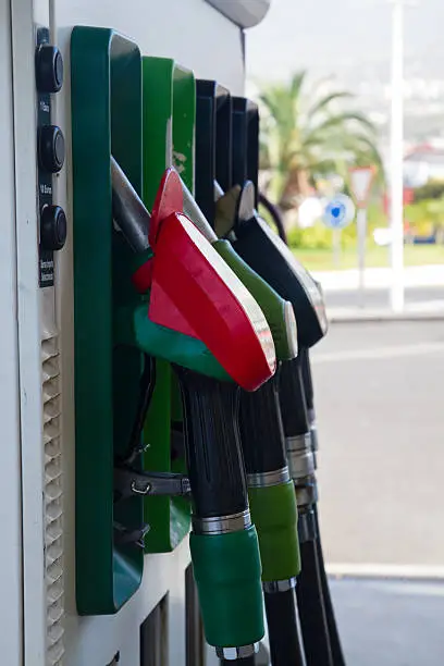 row of petrol station pupmps close up