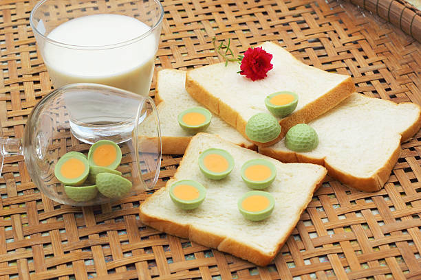 fresh milk and bread plate with chocolate green.