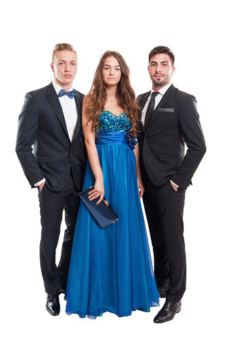 One woman and two men, all dressed elegant on white background