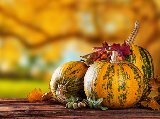 istock Autumn colored pumpkins on wooden table 514689183
