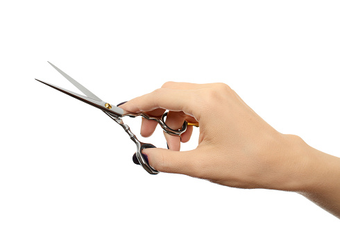 Haircutting Scissors in hand on white background.