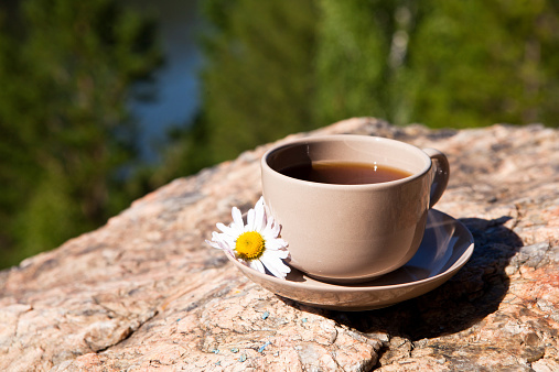 Cup on big stone over nature background. With place for text.