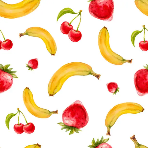 Vector illustration of Watercolor seamless pattern with strawberries, cherries and bananas.