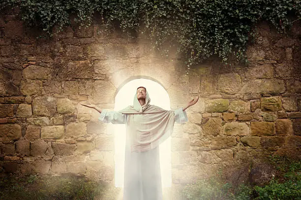 Man looking like Jesus Christ comes out of the cave