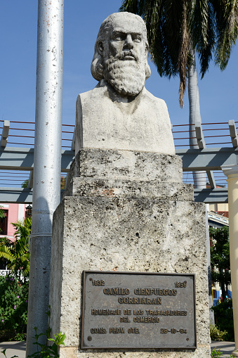 Santiago de Cuba, Cuba - 13 january 2016: Camillo Cienfuegos monument on Marte square at Santiago de Cuba, Cuba